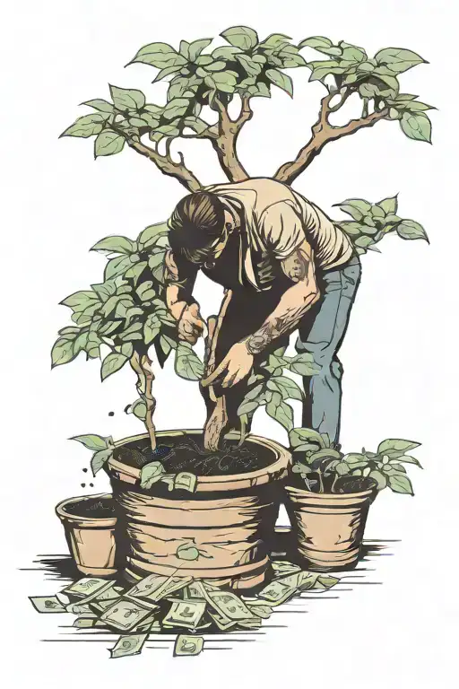 man planting a money tree growing tattoo design idea