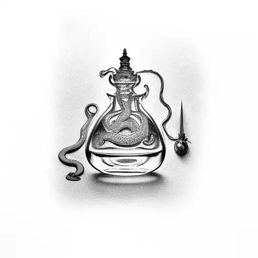 potion bottles, snakes, Harry Potter, slytherin, sand timer, wand, magic, castle tattoo design idea