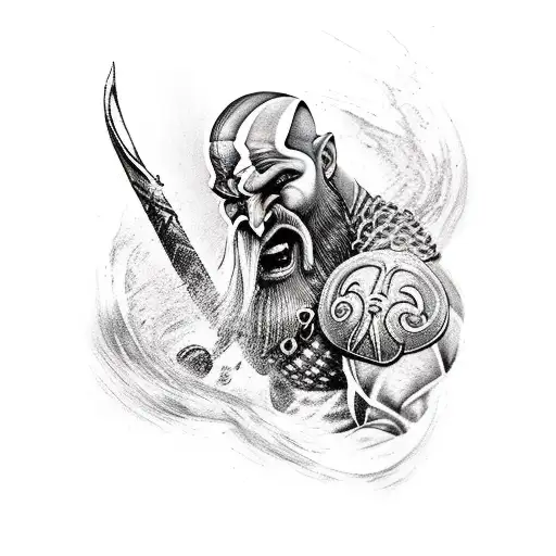 Realistic Kratos fighting Poseidon with chains of Chaos tattoo design idea