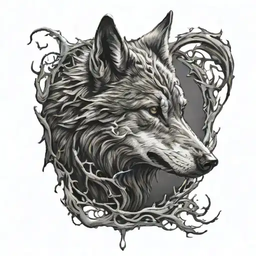 demonic wolf staring menacingly with a sillohoutte of a person below trapped tattoo design idea