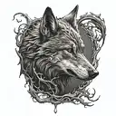 demonic wolf staring menacingly with a sillohoutte of a person below trapped tattoo design idea