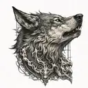 demonic wolf staring menacingly with a sillohoutte of a person below trapped tattoo design idea