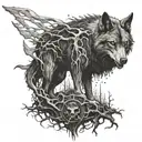 demonic wolf staring menacingly with a sillohoutte of a person below trapped tattoo design idea