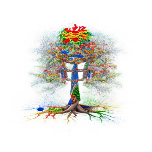 tree with Colombian flag colors trunk Lebanese flag colors roots and Spanish colors flag  fruits tattoo design idea