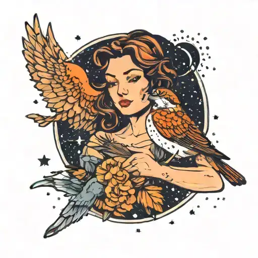 A beautiful woman holds a small sparrow in her hand and the background is dark dark starry night, the bird is orange tattoo design idea