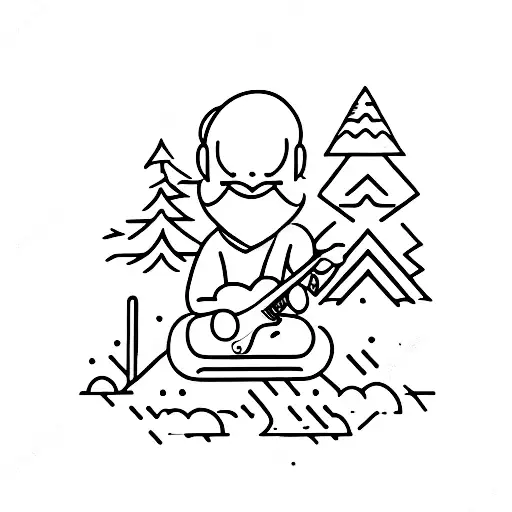 man sitting in pine tree playing electric guitar tattoo design idea