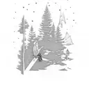 person sitting in pine tree playing electric guitar tattoo design idea