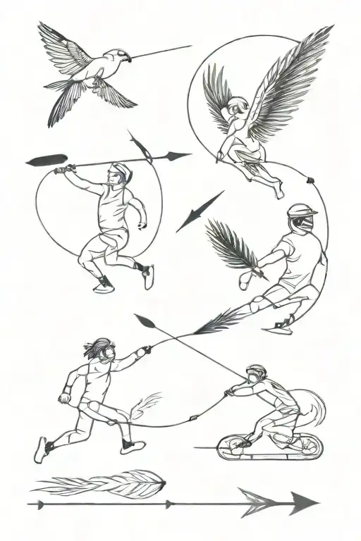arrow like timeline with badminton shuttle as feathers. On the line a stickman runner, biker and gymnast.  tattoo design idea