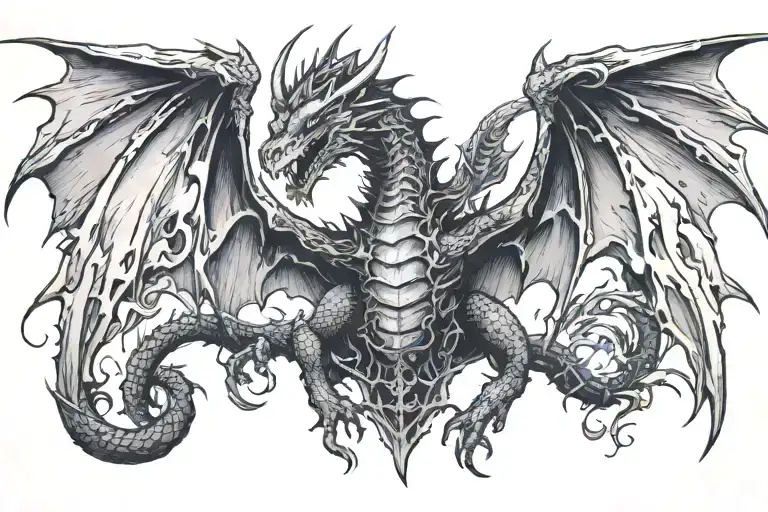 Dragon with wings spread wide on bone pile tattoo design idea