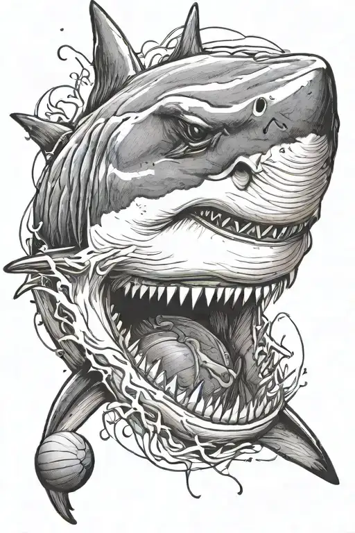 Great White Shark biting a basketball  tattoo design idea