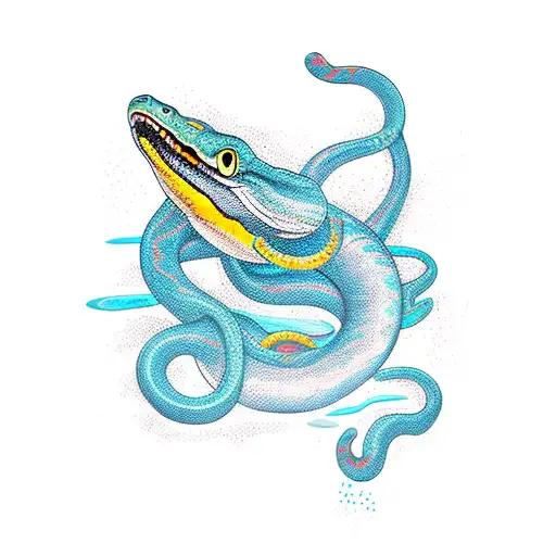 An explorer diving into a pool of water with a snake wrapped around their arm tattoo design idea