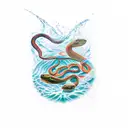 An explorer diving into a pool of water with a snake wrapped around their arm tattoo design idea