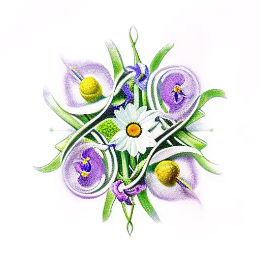 Violet, daisy, daffodils, lily of the valley, gladioulus, narcissus, and infinity symbol tattoo design idea