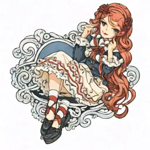 girl with wavy red hair to her feet in lolita fashion  tattoo design idea