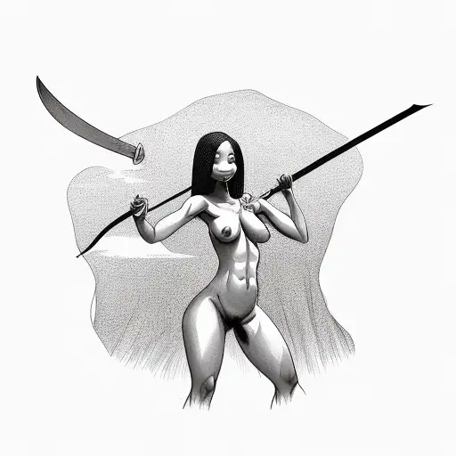 nude black woman full body with katana tattoo design idea
