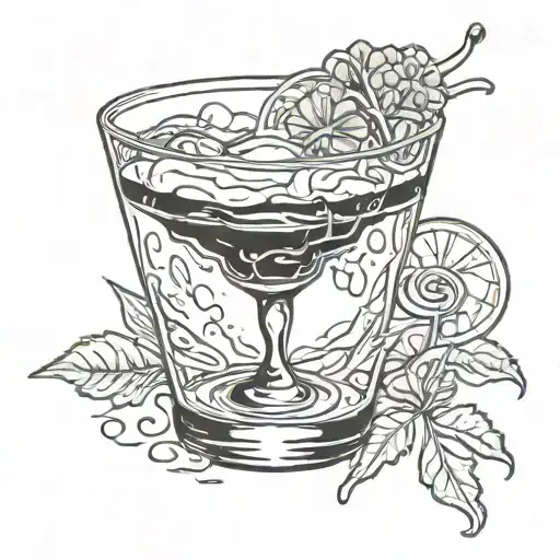 The fluid armband extends downwards and drips liquor into the Negroni cocktail in the thorn-wrapped classical glass. A dizzy little man curls up on the ice in the glass. tattoo design idea
