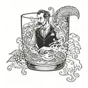 The fluid armband extends downwards and drips liquor into the Negroni cocktail in the thorn-wrapped classical glass. A dizzy little man curls up on the ice in the glass. tattoo design idea