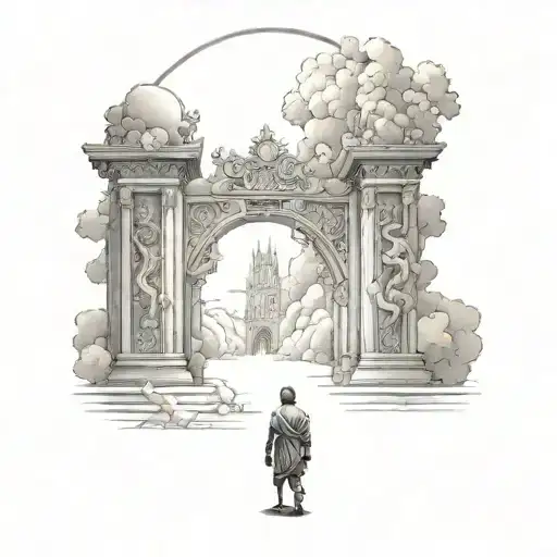 Someone walking towards the heaven gates tattoo design idea