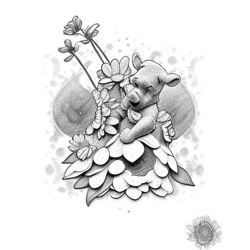 winnie the pooh in long cut flowers tattoo design idea