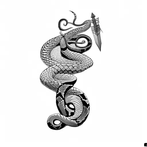 a snake and a man holding a sword and Have geometric shapes and lines around tattoo design idea