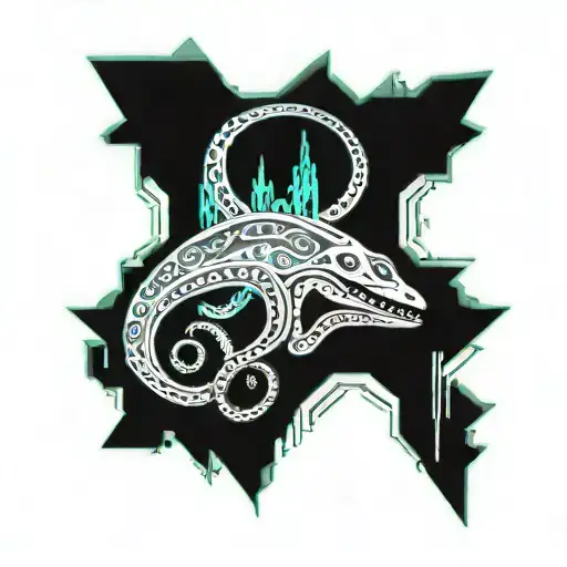 A creative tattoo design incorporating an octopus, great white shark, and pelican in a dynamic composition tattoo design idea