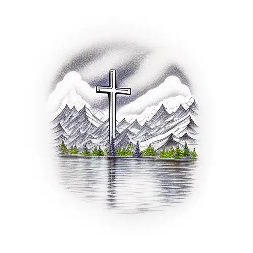Glowing Cross in beautiful Scenery with Mountains and a lake tattoo design idea