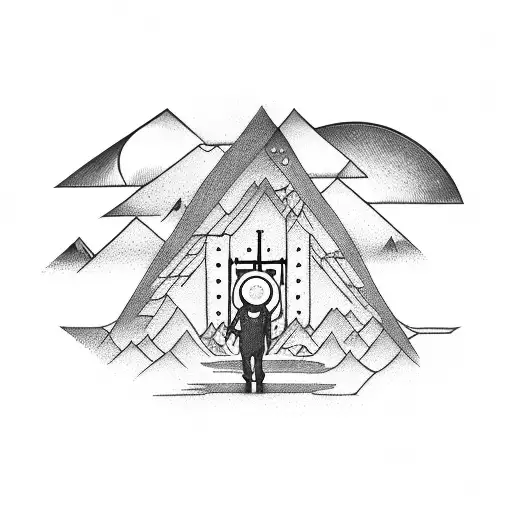 man walking up to glowing cross between mountains tattoo design idea