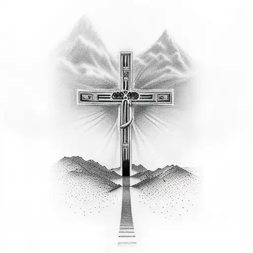 man walking up to glowing cross between mountains tattoo design idea
