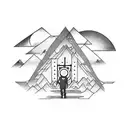 man walking up to glowing cross between mountains tattoo design idea