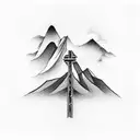 man walking up to glowing cross between mountains tattoo design idea