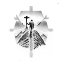 man walking up to glowing cross between mountains tattoo design idea