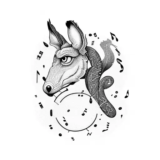 Create a stylized treble clef that starts from its base as intricate music notes, then gradually transforms into the roo tattoo design idea