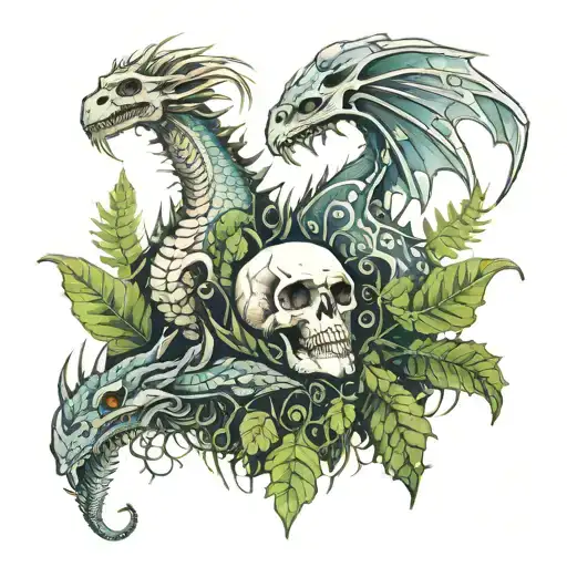 2 dragons on a field with ferns and a skull with glowing mushrooms in its eyes tattoo design idea
