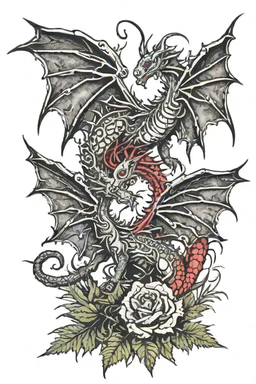 2 fairy dragons red and black on a field with fern tattoo design idea