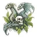 2 dragons on a field with ferns and a skull with glowing mushrooms in its eyes tattoo design idea