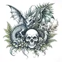 2 dragons on a field with ferns and a skull with glowing mushrooms in its eyes tattoo design idea