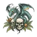 2 dragons on a field with ferns and a skull with glowing mushrooms in its eyes tattoo design idea