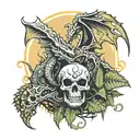 2 dragons on a field with ferns and a skull with glowing mushrooms in its eyes tattoo design idea