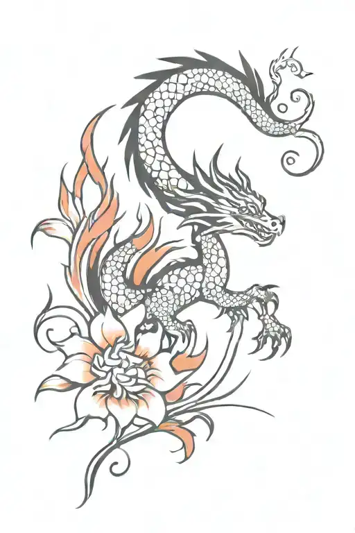 black dragon with red flames or flowers blooming and fire tattoo design idea