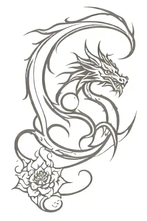 black dragon with red flames or flowers blooming and fire tattoo design idea