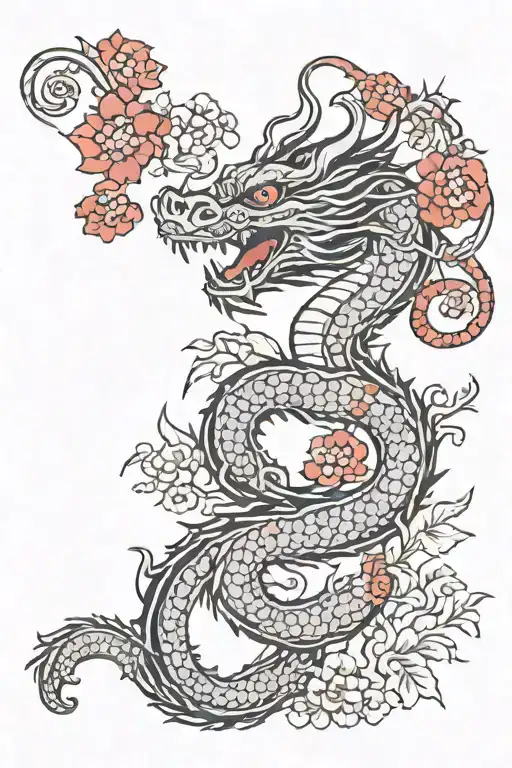 black japanese dragon with red flowers and flames. thin lines tattoo design idea