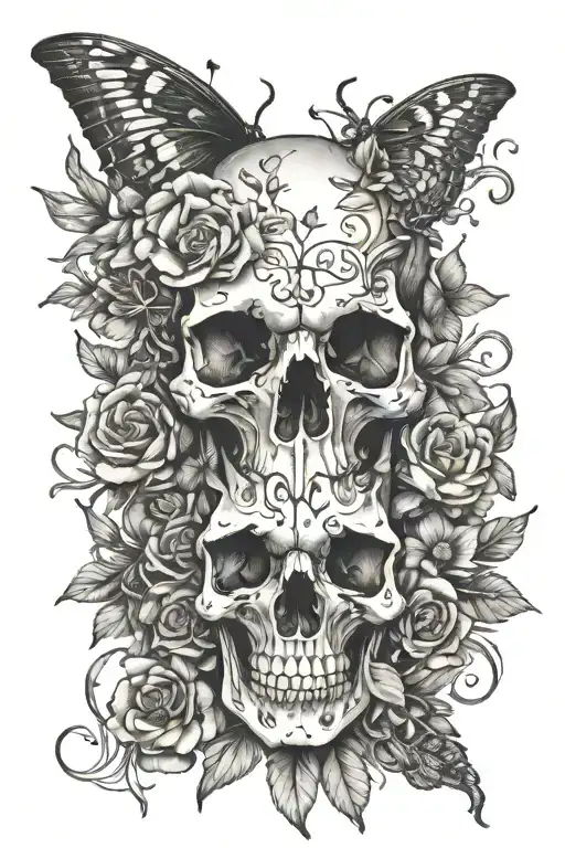 animal skull surrounded by flowers and beetles tattoo design idea
