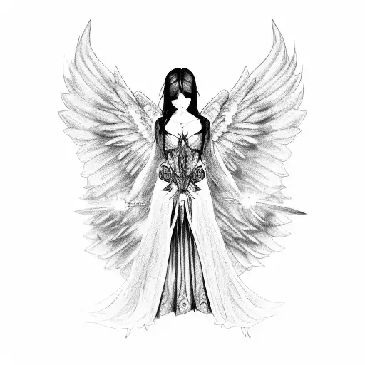 Dark gothic style: sketch of an angel girl dressed in a magnificent dress, with large wings, and holding a sword in her  tattoo design idea