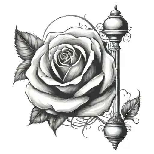 A black and grey tattoo of a white rose intertwined with a sand clock, symbolizing the passage of time and the beauty of life tattoo design idea