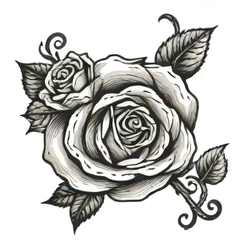 A black and grey tattoo of a white rose intertwined with a sand clock, symbolizing the passage of time and the beauty of life tattoo design idea