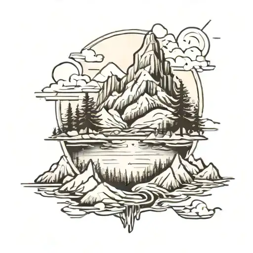 A tattoo design inspired by outdoor adventures, incorporating a majestic mountain landscape with a subtle video game reference hidden within the scenery tattoo design idea