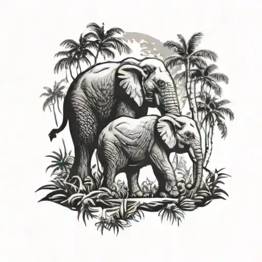 elephant in jungle scene tattoo design idea
