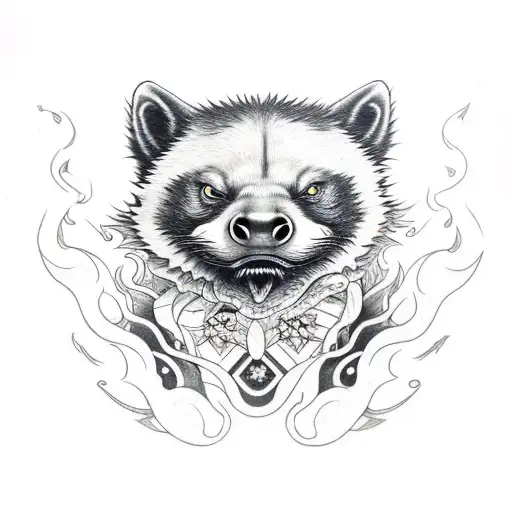 honey badger, fire, bones, steampunc tattoo design idea