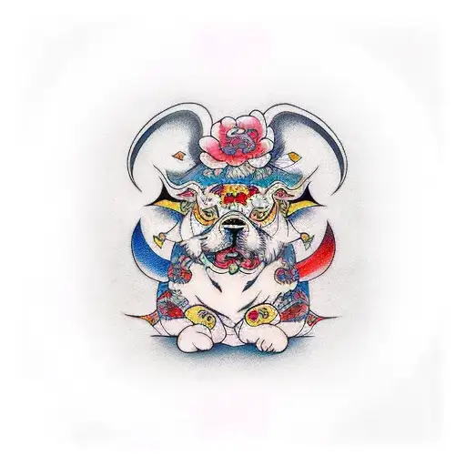 fu dog adhd colour tattoo design idea