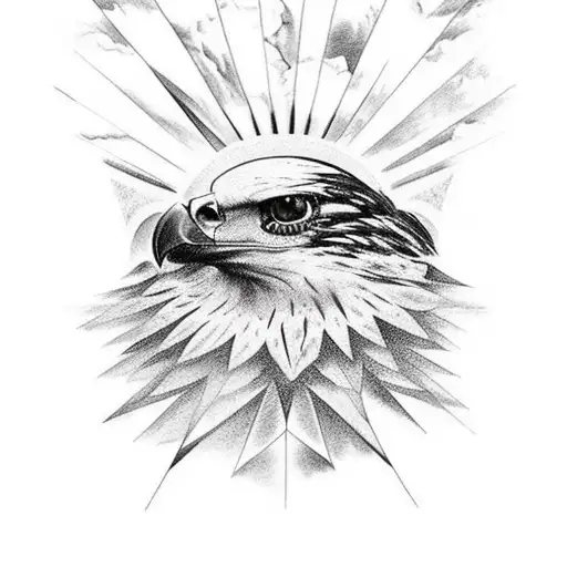 Black and white hawk with colored eyes on top of mountain with the sun in the back tattoo design idea